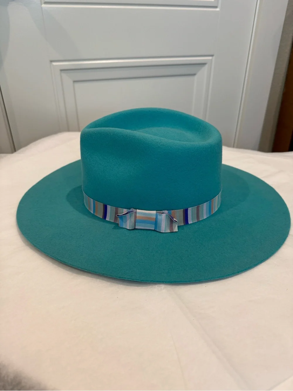 Girl’s Twister Teal Wide-Brim Felt Fedora with Striped Band